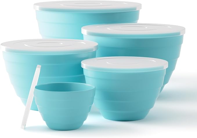 TP Mixing Bowls with Lids, 10-Piece Nesting Melamine Bowls Set for Prepping Serving Baking Cooking, Non Slip Bottom, Set of 5, Teal by TastePrime