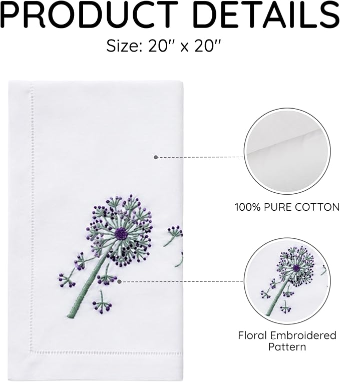 Cloth Napkins Set of 4, 20x20 inch, 100% Pure Cotton Hand Embroidered French Knot, Reusable & Machine Washable, Table Napkins for Dinner, Weddings, Parties (Colorful Dandelion) - Image 3