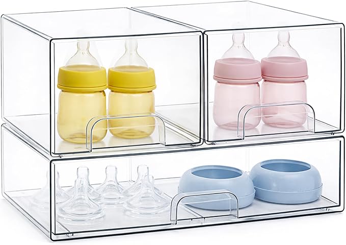 Bottle Storage Organizer Baby, Clear Stackable Storage Drawers Set for Baby Bottle, Beauty Supplies Storage, Ideal for Countertop, Vanity, Bathroom, Cabinet, Pantry Organization (7.9"H, 3 Pack) by CurleisDirect