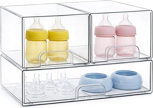 Bottle Storage Organizer Baby, Clear Stackable Storage Drawers Set for Baby Bottle, Beauty Supplies Storage, Ideal for Countertop, Vanity, Bathroom, Cabinet, Pantry Organization (7.9"H, 3 Pack) by CurleisDirect
