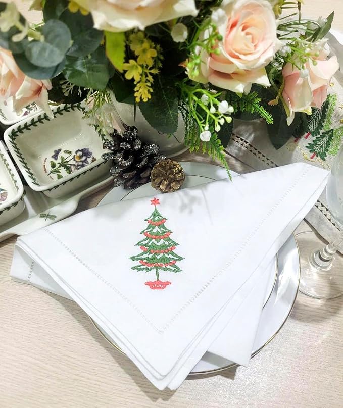 Embroidered Cloth Napkin Christmas Tree Cotton Napkins Set of 6, 20 x 20 Hemstitch Table Napkins, Machine Washable, Daily & Holidays, Great Gift Ideas - Image 2