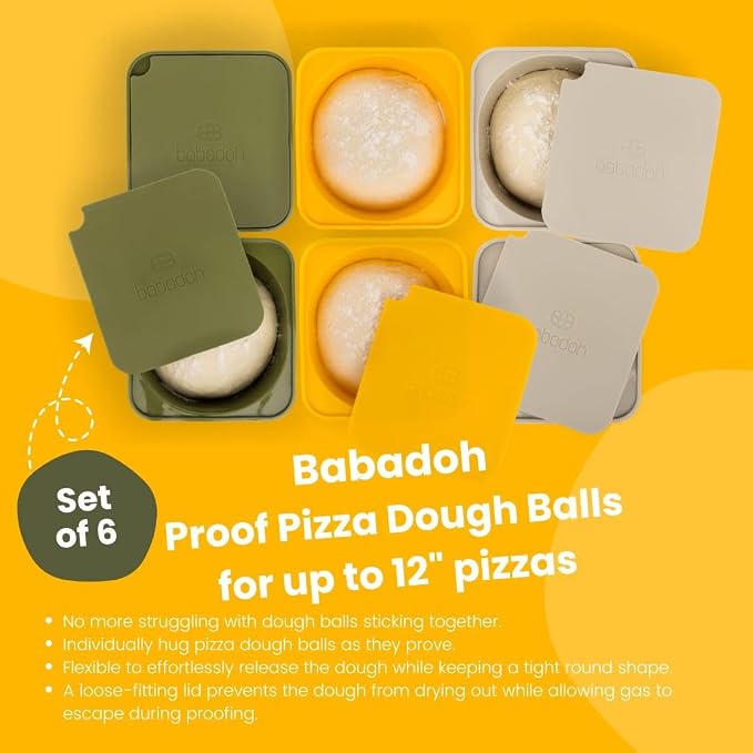 Babadoh Pizza Dough Proofing Silicone Containers with Lids | Pizza Making Accessories | The Perfect Pizza | Set of 6 | Multi Yellow (2 Dough, 2 Olive, 2 Yellow) | Original Size (make 12" Pizzas) - Image 2