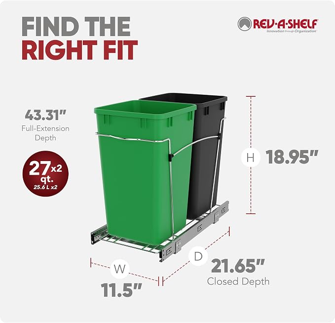 Rev-A-Shelf Pullout Trash Can for Kitchen Cabinets 27 Qt Garbage Recycling Bin with Full Extension Slide, Green/Black, RV-15KD-1918C-S - Image 3