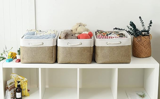 Organization and Storage Basket for Organizing - X Large - 3 Pack 17.7L×13.8W×9.8H in Collapsible Storage Bin for Shelves, Fabric Basket for Gifts Organizer Toy Closet (White & Khaki) - Image 4