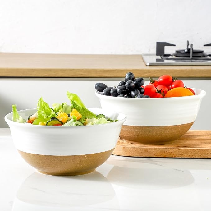HASENSE Large Ceramic Serving Bowls Set of 2, 84 Oz 9 Inch White & Terracotta Stoneware Mixing Bowls, Farmhouse Bowls for Salad, Baking, Popcorn & Side Dishes, Dishwasher & Microwave Safe - Image 6