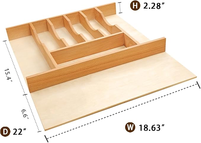 Silverware Drawer Organizer - Trim-to-Fit with Adjustable Dividers for Kitchen Utensil Storage, Beech Wood Frame with 11 Sizes (18.63" W x 22" D) - Image 4