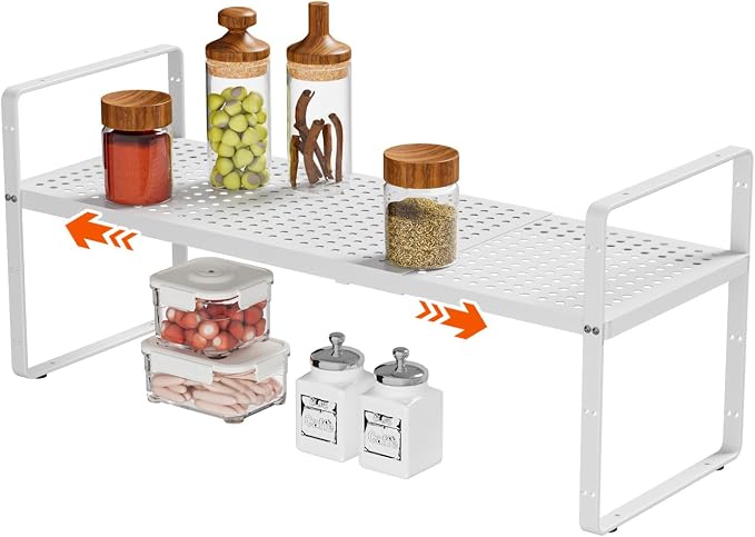 16.5-27''L Expandable Cabinet Countertop Shelf Organizer, White | 8"W x 9.6"H, Stackable Metal Shelves, Storage Spice Rack, For Pantry and Cupboard, Kitchen Organizers and Storage by DPZM