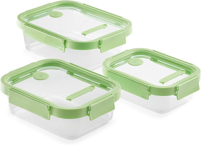 Lékué x3 Rectangular Glass Food Containers with Airtight Lids & Steam Valves - 3pc Set - Borosilicate Glass & 100% Platinum Silicone Dishes for Storage & Cooking - Microwave, Freezer & Dishwasher Safe by Lekue