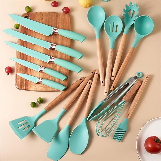 19 Pieces Kitchen Utensils and Knife Set with Block, Inldued 9 Pieces Silicone Cooking Utensils Set 5 Pieces Sharp Stainless Steel Chef Knives Scissors Whisk Tongs and Cutting Board (TEAL) - Image 5