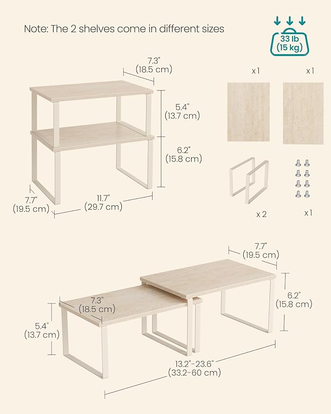 SONGMICS Cabinet Organizer Shelf, Set of 2 Kitchen Counter Shelves, Kitchen Storage, Spice Rack, Stackable, Expandable, Metal and Engineered Wood, 11.7 Inches, Beige & Cream White UKCS020L01 - Image 6