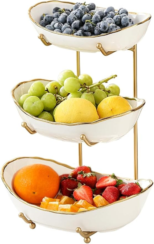 Fruit Bowl Basket for Kitchen Countertop, 3 Tier Fruit Holder with Gold Metal Stand, Serving Tray for Food, Vegetable, Cake, Dessert in Party (Gold, 3 Tier) by Ankysasky