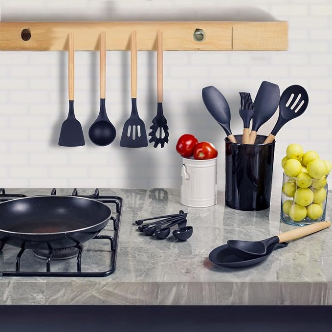 33-Piece Silicone Kitchen Utensils Set - Cookware Kit with Slotted Turner, Spoons, Ladle, Spatula, Measuring Cups & Spoons, Basting Brush, Egg Whisk, Tongs - Nonstick Cooking Accessories - Image 2