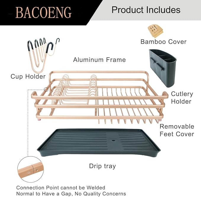 BACOENG Aluminum Dish Drying Rack,Never Rust Dish Rack with Removable Cutlery Holder & Cup Holder, 360° Swivel Spout Drain Board,Gold - Image 5