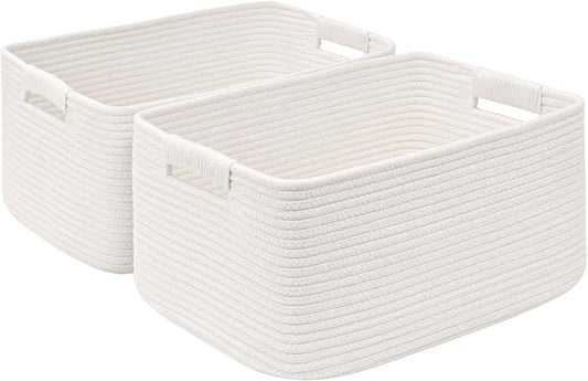 2 Pack Large Storage Basket for Organizing, 17.5"x13"x7" Woven Basket for Shelves, Closet Cube Storage Bins with Wrapped Handle, Cotton Rope Baskets for Kitchen, Clothes, Toys(Off White) by Degeyoyo