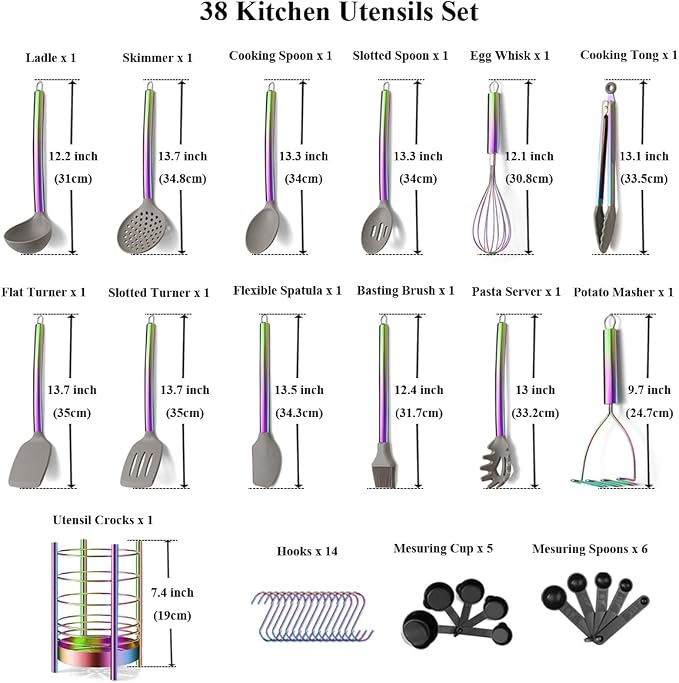 38 Piece Silicone kitchen Cooking Utensils Set with Utensil Crocks, Silicone Head and Stainless Steel Handle Cookware, Kitchen Tools for Utensil Set, Non-Stick kitchen Gadgets,Dishwasher Safe(Rainbow) - Image 2