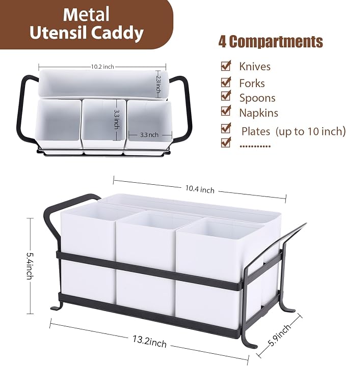 Silverware Caddy Metal Utensil Holder for Party Countertop Silverware Utensil Caddy Cutlery Flatware Organizer for Spoons Forks Plates Napkins white&Black - Image 4