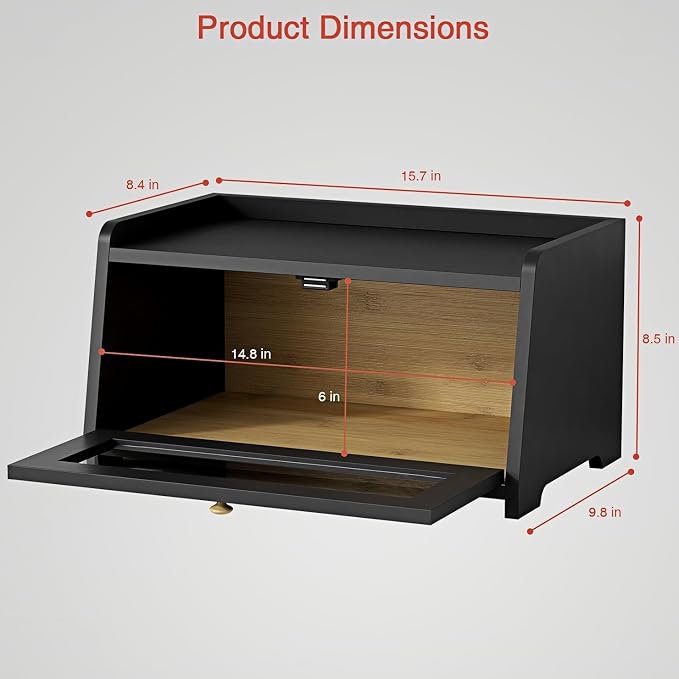 Goozii Black Bread Box for Kitchen Countertop, Small Vintage Counter Top Breadbox, Homemade Bread Storage Container for Sourdough Loaf, Farmhouse Wooden Corner Kitchen Counter Organizer for Cabinet - Image 6