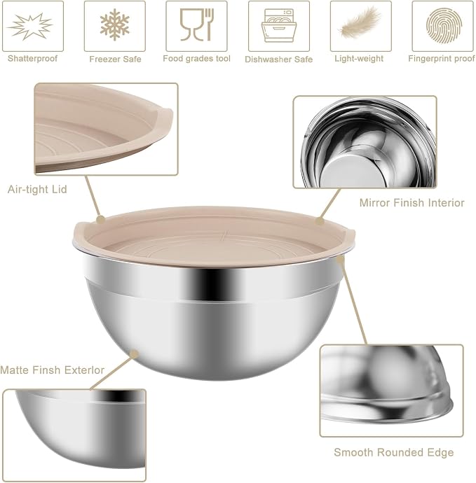 WEPSEN Mixing Bowls Set, 25PCS Khaki Mixing Bowls With Lids Set Stainless Steel Kitchen Large Nesting Metal Bowl 7QT to 1.5QT, Measuring Cups and Spoons for Prepping Cooking Serving - Image 6