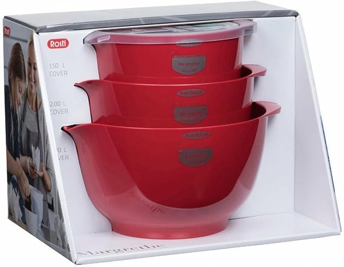 Rosti Margrethe Mixing Bowl Set with Lids – Danish Design Kitchen Prep Bowls with Non-Slip Base Ring & Pour Spout, Durable DuRostima Plastic – Red (2L / 3L, 4-Piece) - Image 4