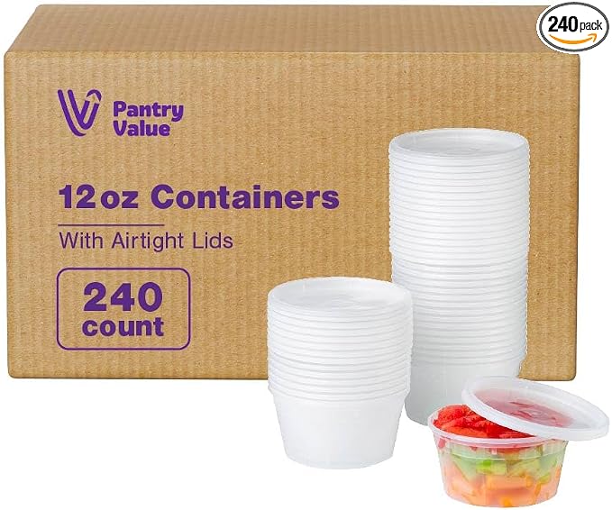 [Case of 240 12 oz. Plastic Food Storage Deli Containers with Lids - Perfect for Storing Soups, Sauces, and Snacks by PantryValue
