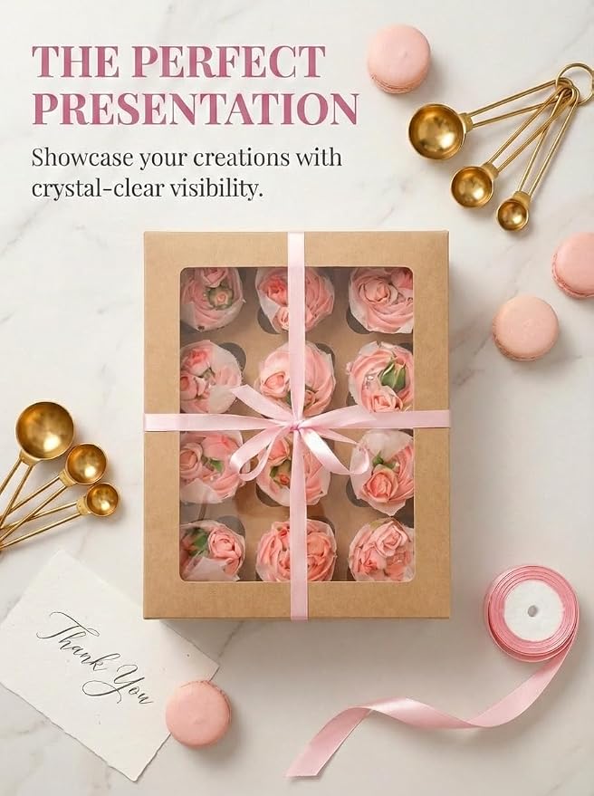 qiqee Auto-pop Up Cupcake Boxes with Window Brown 40PCS 12 Count Cupcake Box 13"x10"x3.5" Cupcakes Carrier, 12 Cupcake Containers with 2 rolls of pink ribbons - Image 6