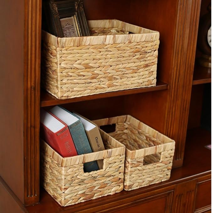 Woven Natural Water hyacinth Rectangular Storage Baskets with inside Handle,Kingwillow(Large) - Image 5