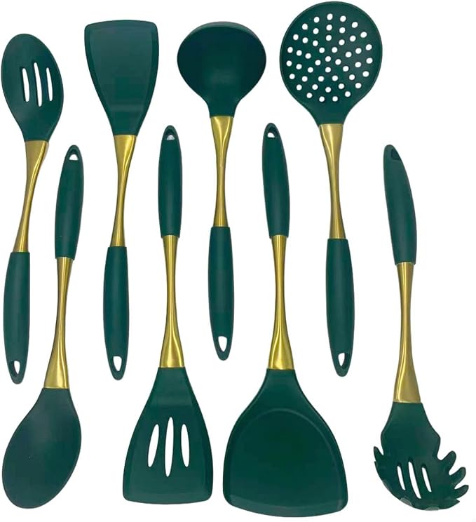 8-Piece Silicone Kitchen Utensil Set, White and Gold, Heat Resistant Cooking Tools with Comfort Handles- Includes Spatula & Spoon for Nonstick Cookware (Green & Gold) by Unknown