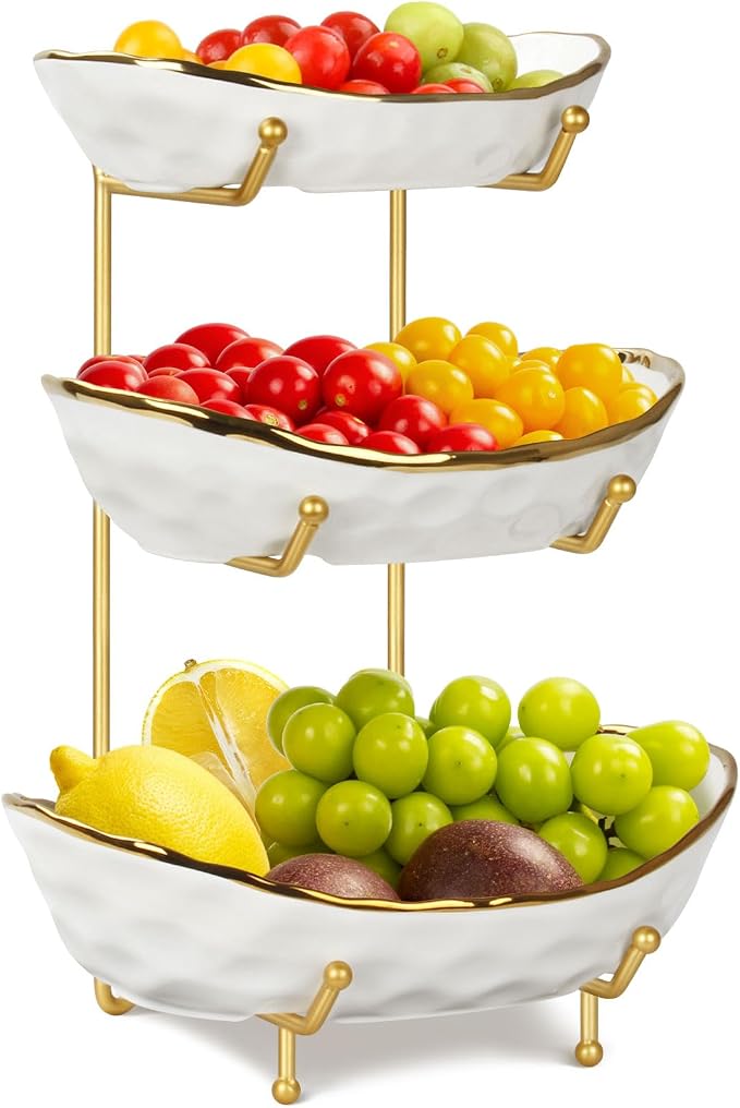 Ceramic Fruit Bowl for Kitchen Counter, Fruit Basket with Metal Stand, Tiered Fruit Rack for Countertop, Modern Serving Bowl for Party Dessert, Vegetable, Snack by Unknown