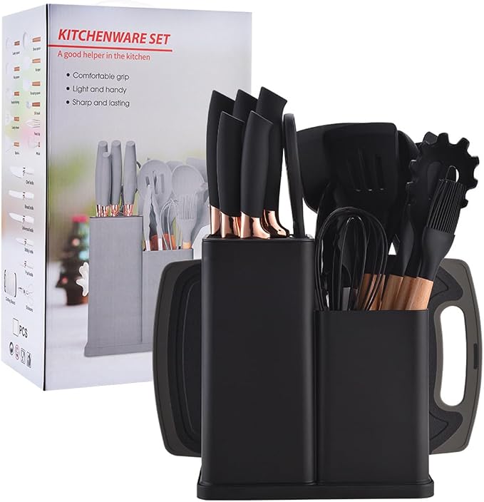19 Pieces Kitchen Utensils and Knife Set with Block, Inldued 9 Pieces Silicone Cooking Utensils Set 5 Pieces Sharp Stainless Steel Chef Knives Scissors Whisk Tongs and Cutting Board (Black) by Unknown