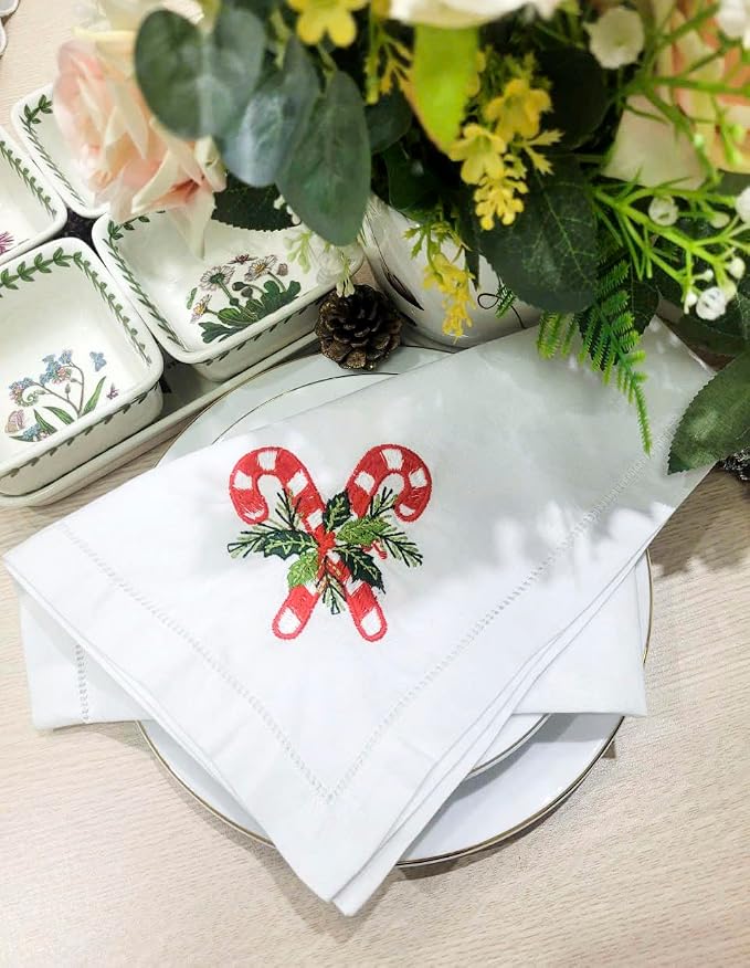 – Embroidered Cloth Napkins Double Candy Christmas Design, Set of 6, Cotton Hemstitch Table Napkins 20x20, Machine Washable – Festive & Elegant Holiday Dining, Ideal Gift Idea - Image 6