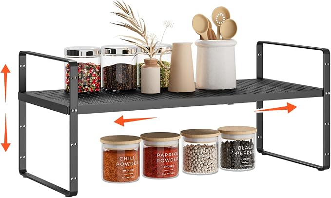 2Pack 16.5-27''L Expandable Stackable Cabinet Shelves, Black | 10.2"W x 9.6"H, Adjustable Spice Rack, For Kitchen, Countertop, Pantry and Cupboard by DPZM