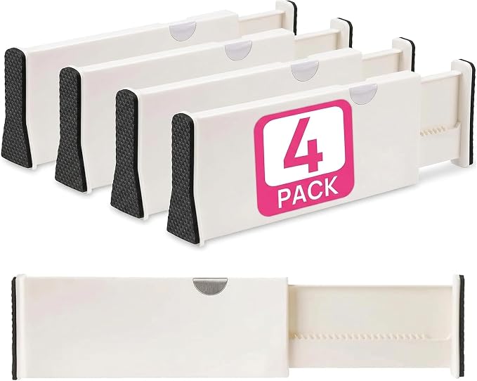 4 Adjustable Drawer Dividers, Organize Silverware and Utensils in Home Kitchen, Divider for Clothes in Bedroom Dresser, Designed to Not Snag Underwear and Bra Fabrics, Bathroom Storage Organizers by BerryAve