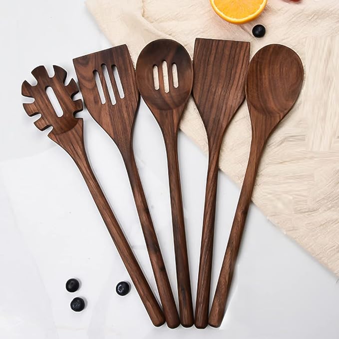 Black Walnut Wooden Cooking Utensils Set, 5 PCS - Handmade Non-stick Spatula, Slotted Spatula, Solid Spoon, Slotted Spoon, Spaghetti Server by FiunkesLightFixture