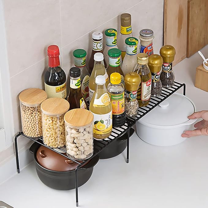 Tomorotec Expandable Cabinet Shelf Organizer, Metal Kitchen Pantry, Black | Extendable from 12.3 to 22.5 in with Heavy Duty Steel Frame and Anti Slip Feet for Bathroom or Closet - Image 4