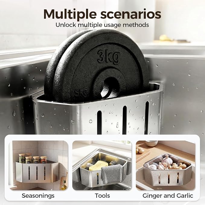 Sponge Holder for Kitchen Sink,2026 Sink Caddy Organizer with Suction Cups,Rustproof Kitchen Storage Rack for Sponge,Soap,Stopper,Brush (1, Square) - Image 6