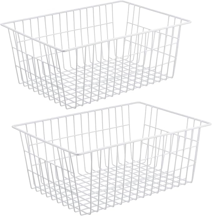 Wire Storage Freezer Baskets, Set of 2 13.4" Household Organizer Storage Bins Fridge Basket Rack with Handles for Kitchen Cabinets, Pantry, Office, Bathroom Organization - White by iPEGTOP