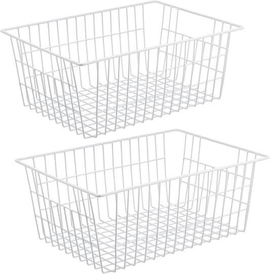 Wire Storage Freezer Baskets, Set of 2 13.4" Household Organizer Storage Bins Fridge Basket Rack with Handles for Kitchen Cabinets, Pantry, Office, Bathroom Organization - White by iPEGTOP