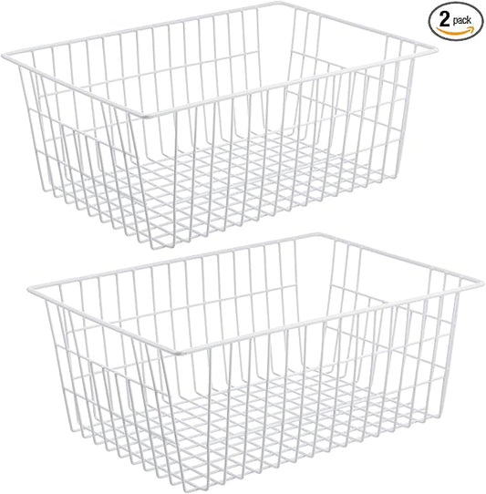 Wire Storage Freezer Baskets, Set of 2 Large 15.4" Household Metal Organizer Storage Bins Basket for Kitchen Cabinets, Refrigerators, White by iPEGTOP