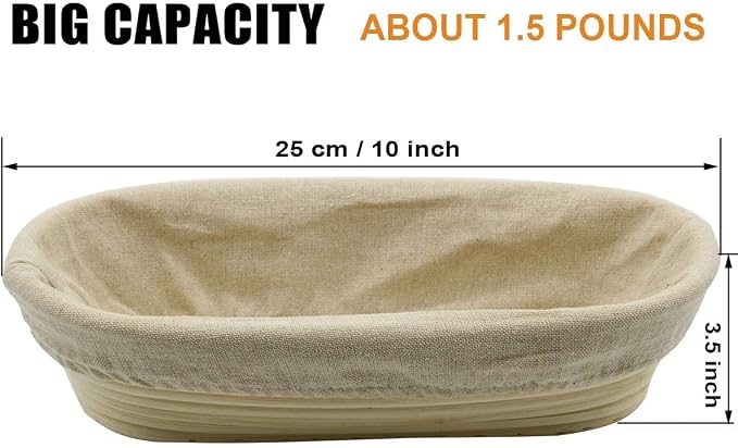2 PCS 10 inch Oval Long Banneton Brotform Bread Dough Proofing Rising Rattan Basket & Liner for Professional & Home Bakers - Image 3
