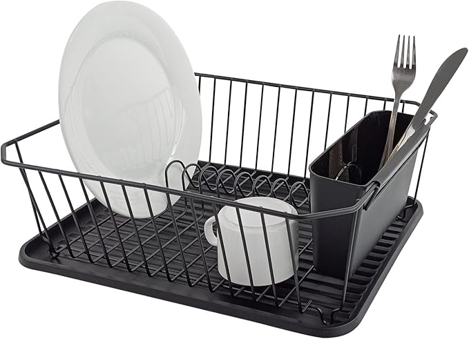 Asixxsix Dish Drying Rack, Stainless Steel Dish Drainer with Utensil Holder and Drainboard, Sink Organization and, 14" x 12" x 5" for Home and Apartment Decor (Black) by Asixxsix