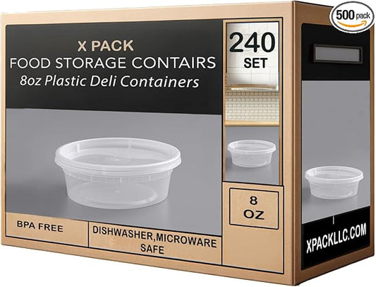 X PACK 8 oz [240 set] Reusable Deli Containers with Lids -Durable Food Storage Containers, Airtight Seal | BPA Free | Stackable | Leakproof | Microwave/Dishwasher/Freezer Safe by XPACK