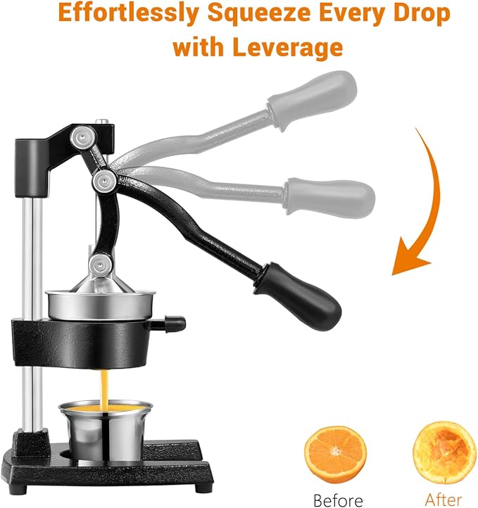 TONGCHANT Cast Iron Manual Juicer for Orange Lemon Lime Pomegranate &Citrus | Heavy Duty Orange Juicer Squeezer, Hand Press Juicer, Citrus Press, Stainless Steel Cup, Easy to Clean, Black - Image 5