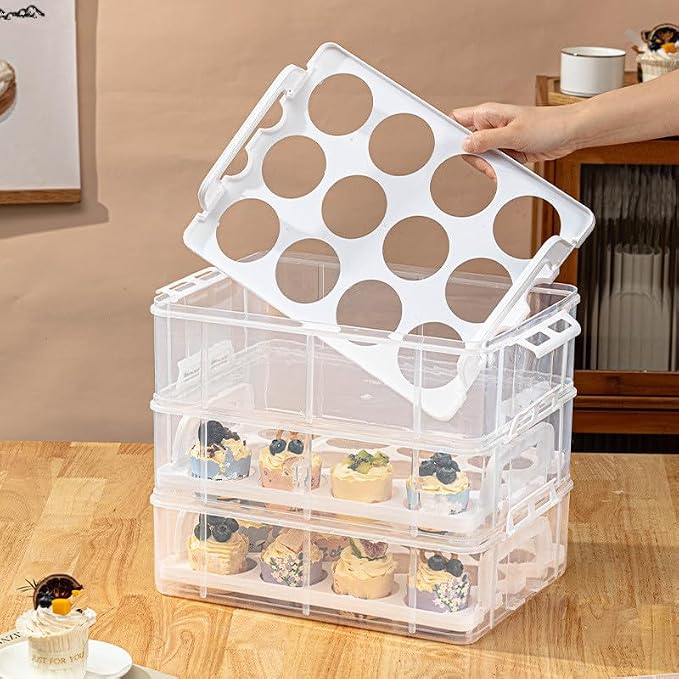 4-Tier Cupcake Carrier Stackable Storage Container,Store up to 48 Cupcakes | Plastic stackable trays with Lid and Handle. Lightweight for parties, baking, travel. Keeps cupcakes secure. BPA-free. - Image 6
