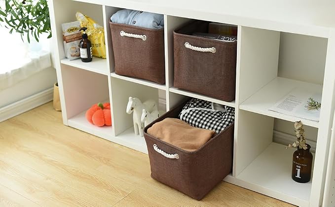 Organization and Storage Basket for Shelves - 3 Pack 16x12x12 inch Fabric Storage Cubes, Cube Storage Bin for Organizing Closet Cloth Organizer Gift Toy (White & Brown) - Image 3