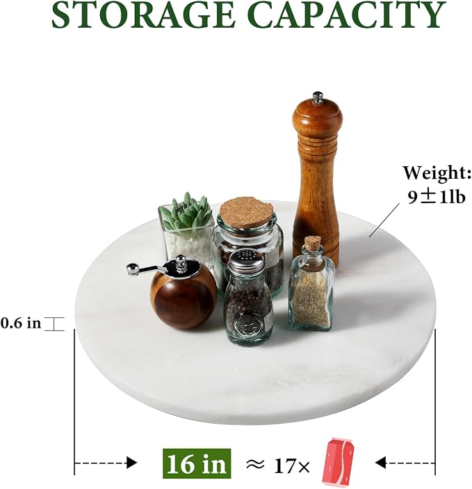 16'' Marble Lazy Susan for Kitchen Counter, White Marble Turntable for Dinning, Lazy Susans Organizer for Cabinet, Serving Rotation Spinning Tabletop Organizer Swiveling, Spice Rack Storage - Image 4