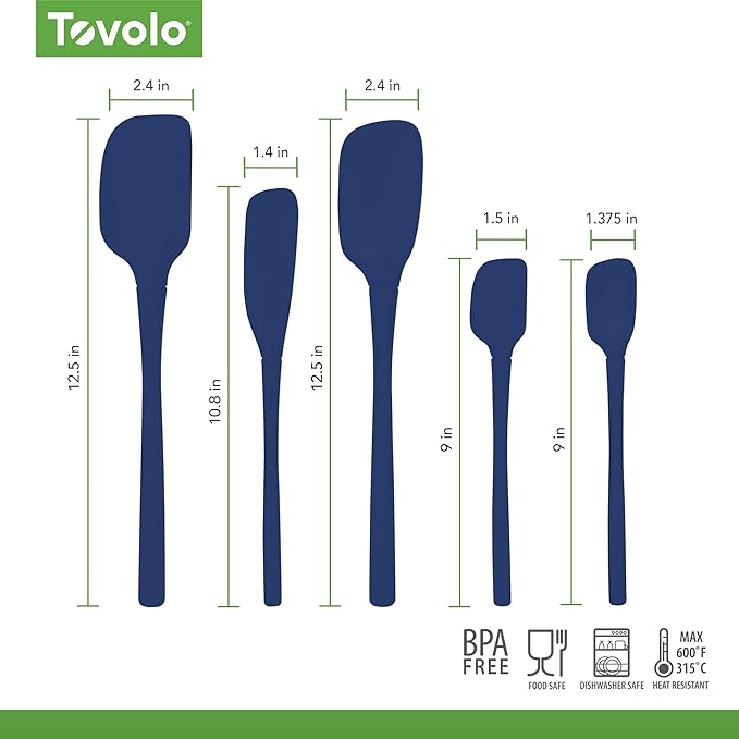 Tovolo Flex Core 5 Piece Silicone Spatula Set Heat Resistant All Silicone Utensils Include Non Stick Spatula Spoonula Jar Scraper, Dishwasher Safe BPA Free Spatulas for Baking Mixing, Deep Indigo - Image 6