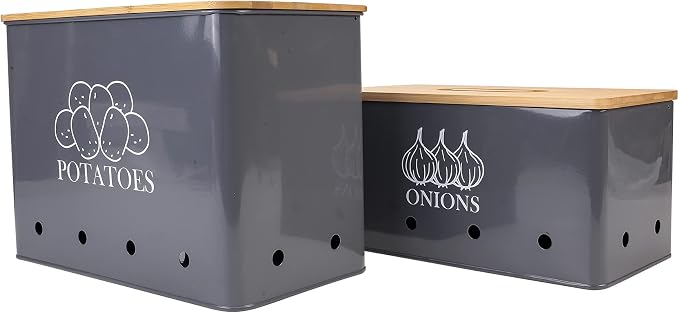 Potato and Onion Storage Bin Set of 2, Vented Metal Vegetable Storage with Wooden Lids, Farmhouse Kitchen Canisters for Countertop Pantry Organizer, Potato Bin Onion Holder for Produce Storage, Grey by Gdfjiy