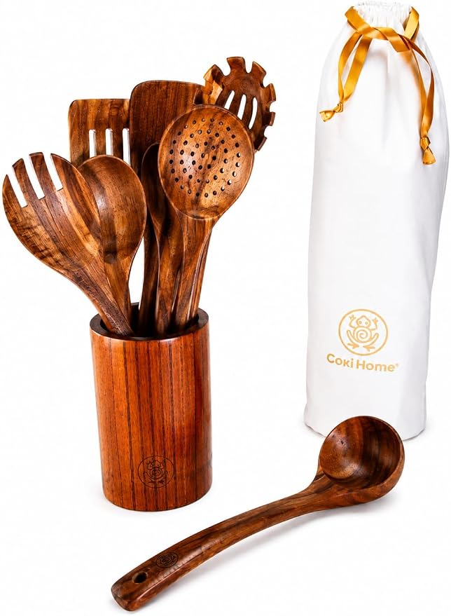 Wooden Cooking Utensils Set – Coki Home 9-Piece Teak Wood Kitchen Utensils with Holder, Nonstick Safe, Plastic-Free, Food-Safe Cooking Tools - Image 2