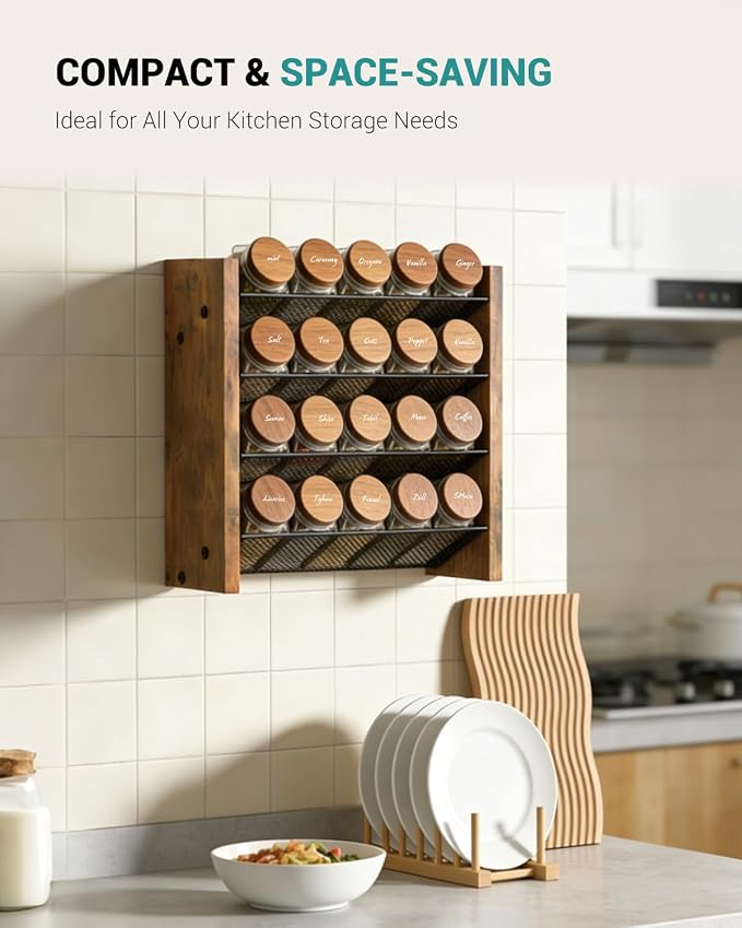 NESAPTO Spice Rack Organizer for Cabinet, Wood 4-Tier Vertical Seasoning Organizer, Wall Mount or Countertop Spice Shelf, Holds 20 Jars (No Jars Included), 10.3" W x 10.3" H - Image 5