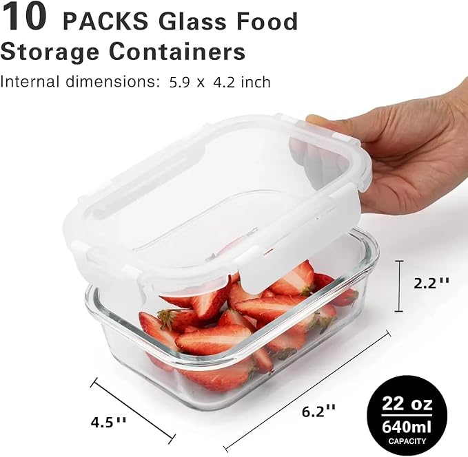 Cuiselect 10 Pack 22 Oz Glass Meal Prep Containers with Lids, Reusable Glass Food Storage Containers with Lids, Leak Proof, Microwave, Oven, Freezer and Dishwasher Safe (White) - Image 3